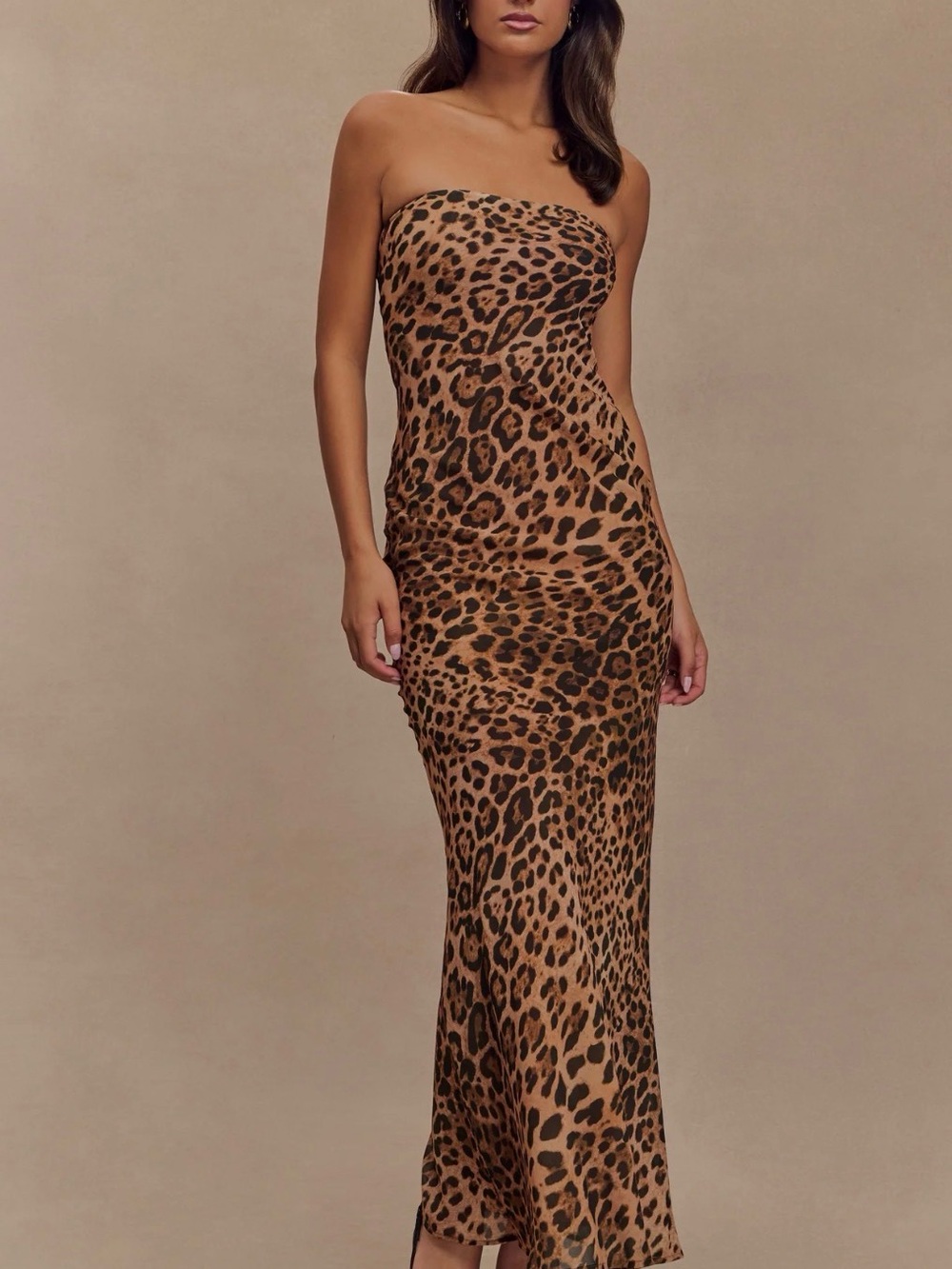 Meshki Breanna Strapless Chiffon Maxi Dress - Leopard Print sz S